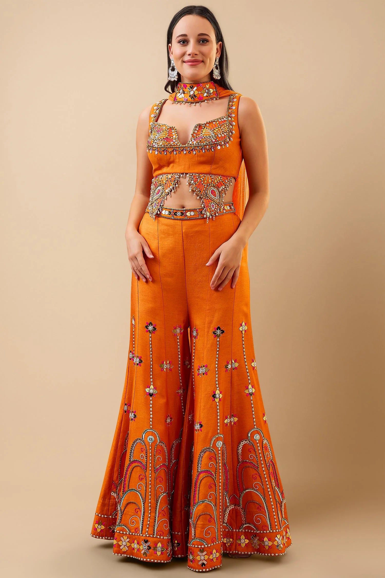 Orange Dola Silk Metalic and Sequin Beaded Work Crop Top Palazzo Set