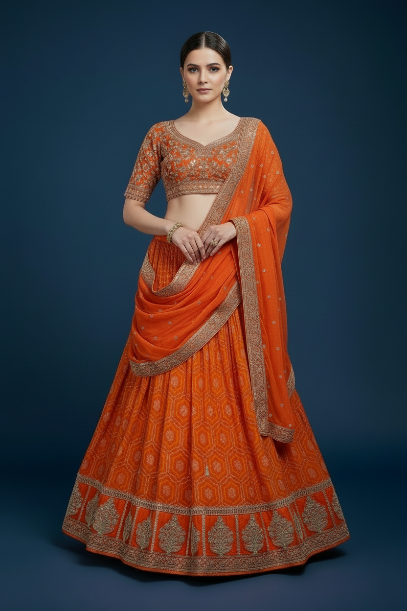 Orange Georgette Lehenga Choli with Sequins Embroidery