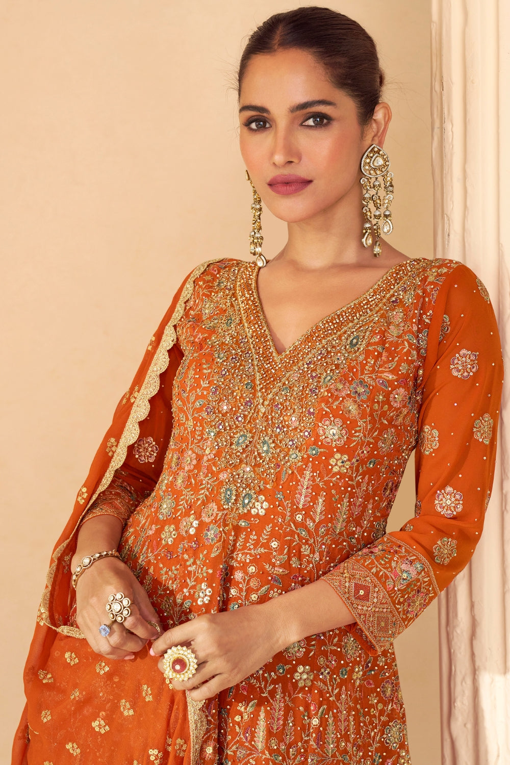 Orange Georgette Palazzo Set with Embroidery and Sequins Work