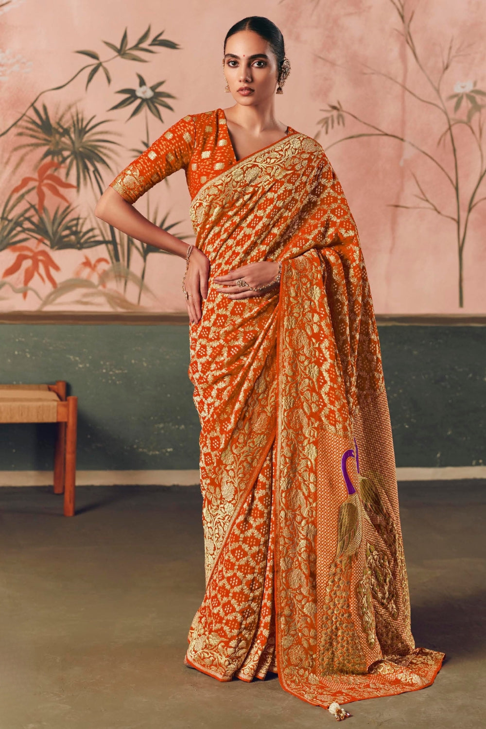 Orange Georgette Weaving Saree
