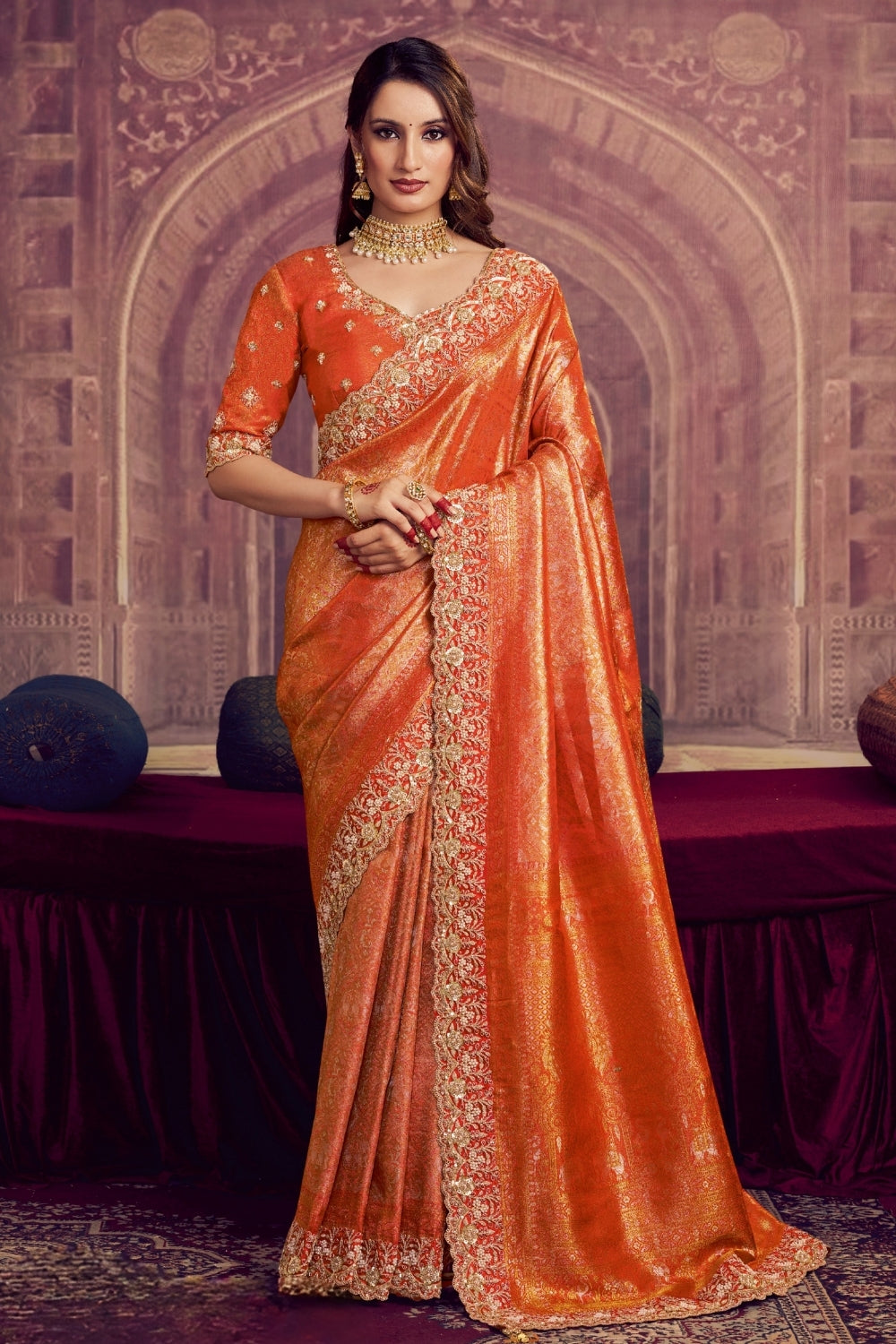 Orange Kanjiwaram Silk Saree with Cutdana and Moti Work