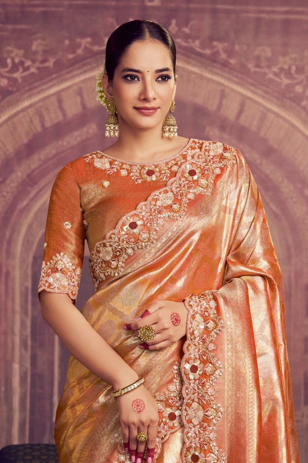 Orange Kanjiwaram Silk Saree with Cutdana and Moti Work
