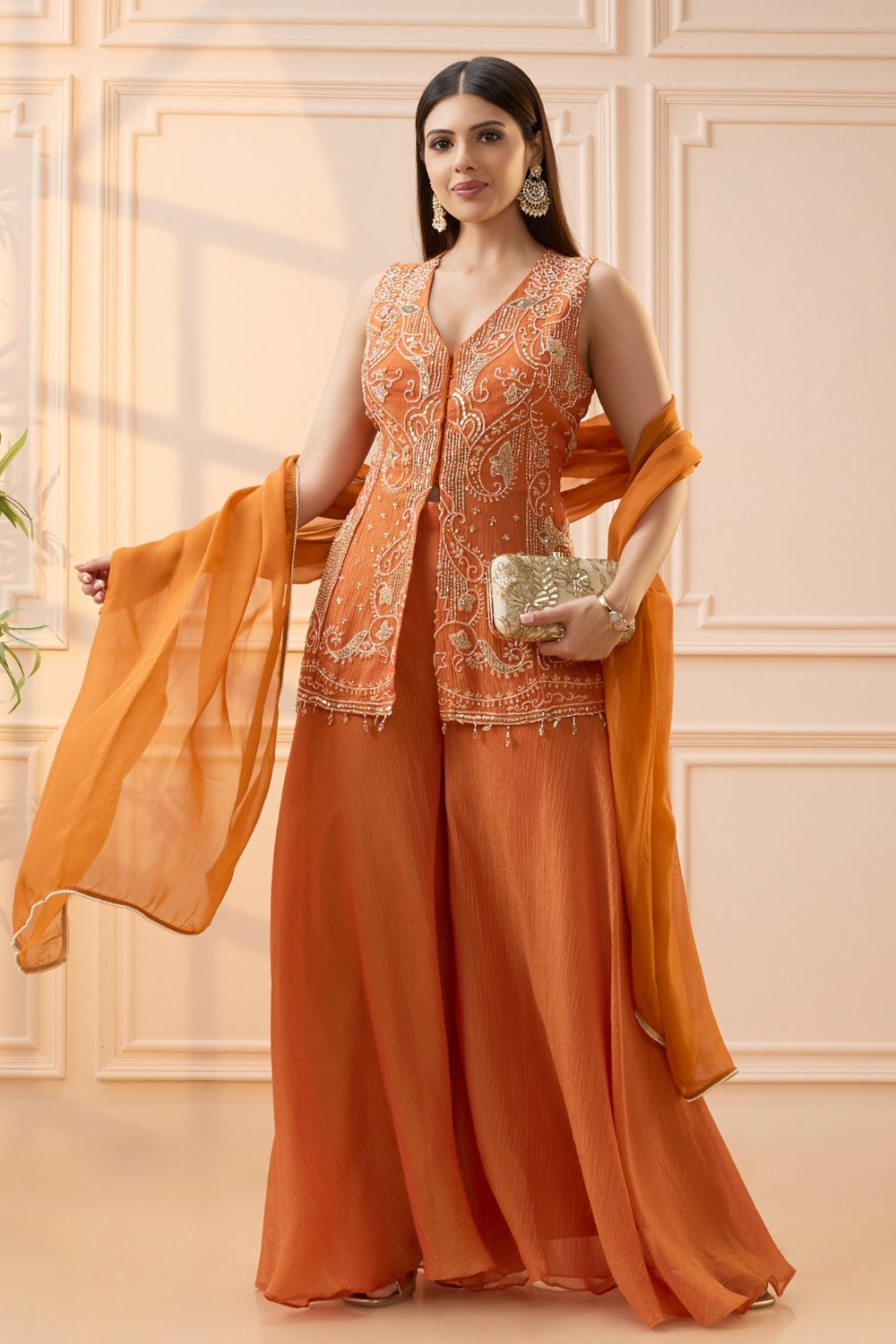Orange Organza Palazzo Set with Moti and Cutdana Work