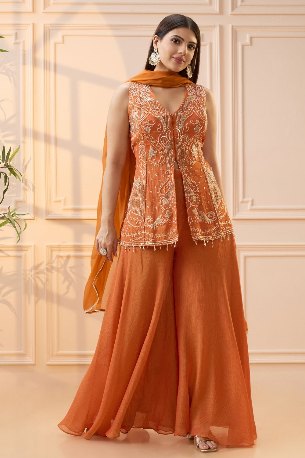 Orange Organza Palazzo Set with Moti and Cutdana Work