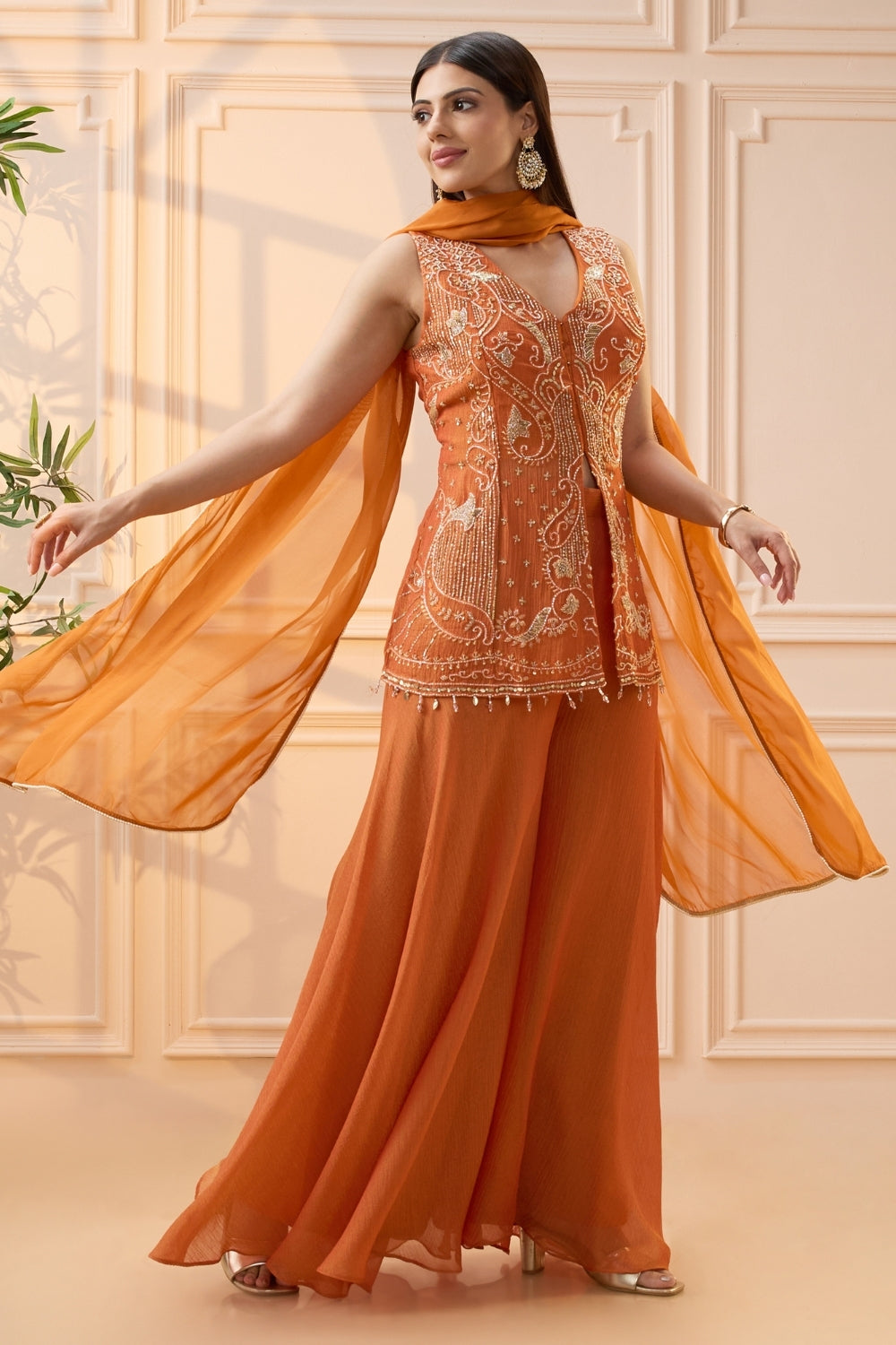 Orange Organza Palazzo Set with Moti and Cutdana Work