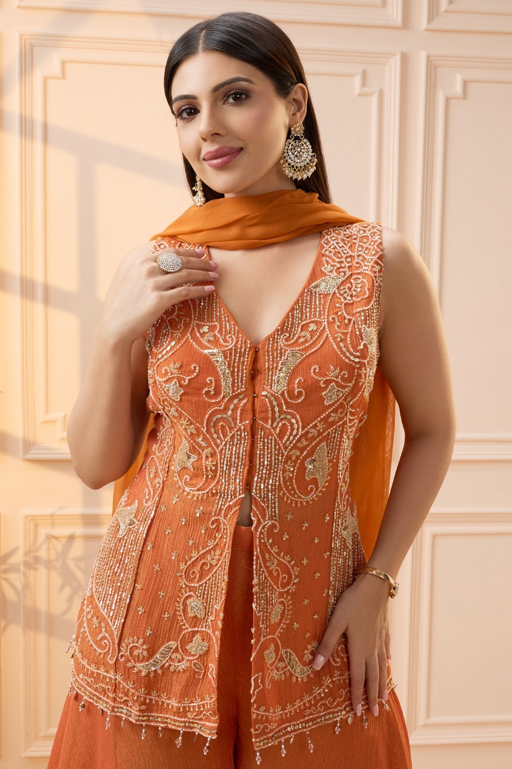 Orange Organza Palazzo Set with Moti and Cutdana Work