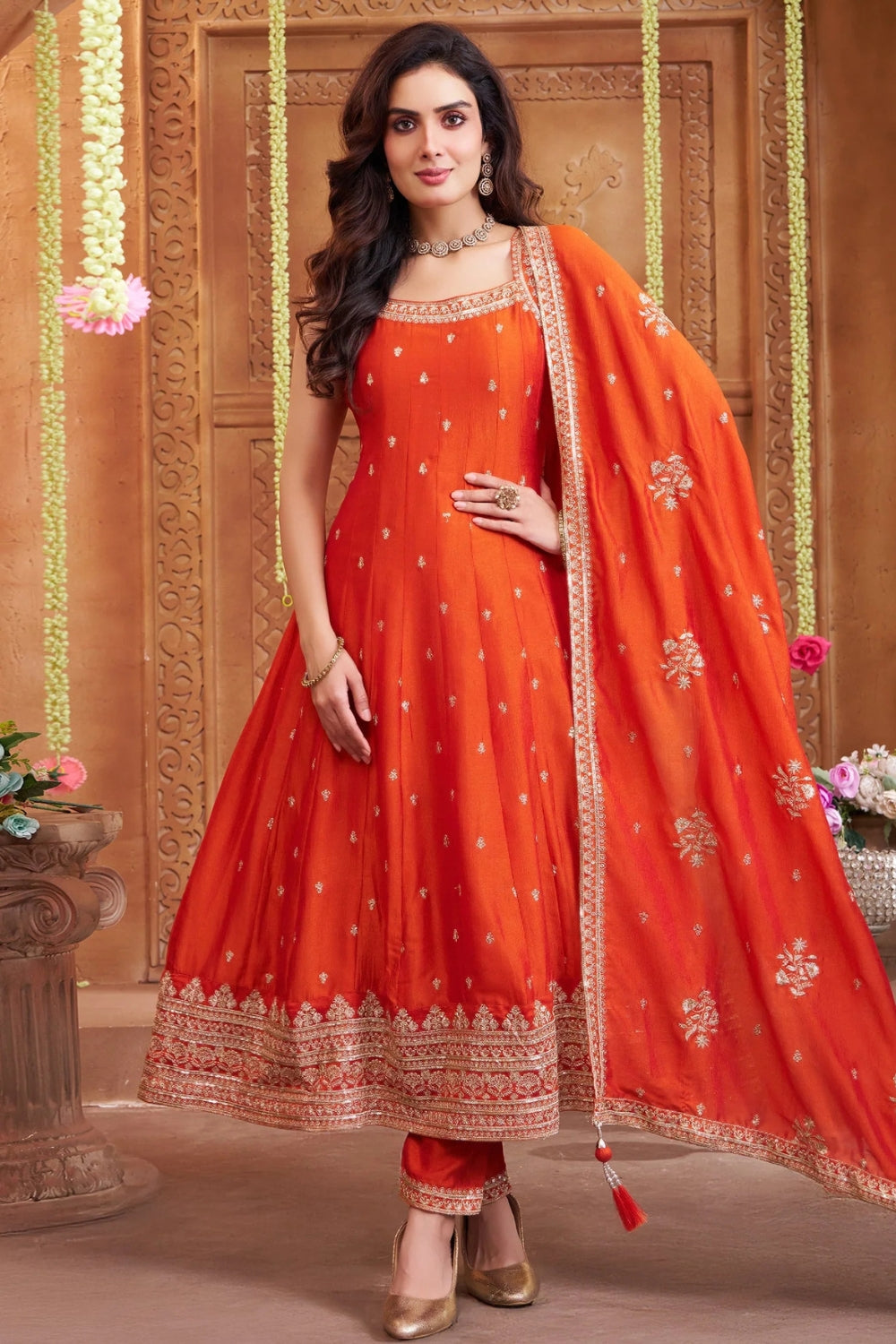 Orange Silk Anarkali Set with Embroidery and Sequins Work