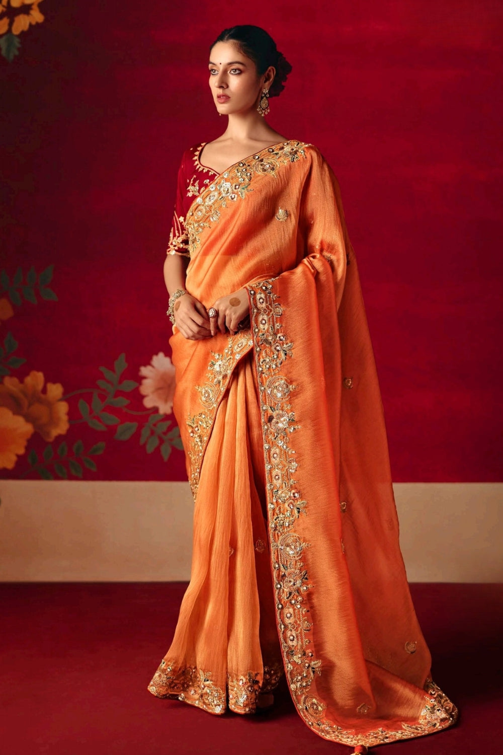 Orange Silk Saree with Mirror and Stone Work