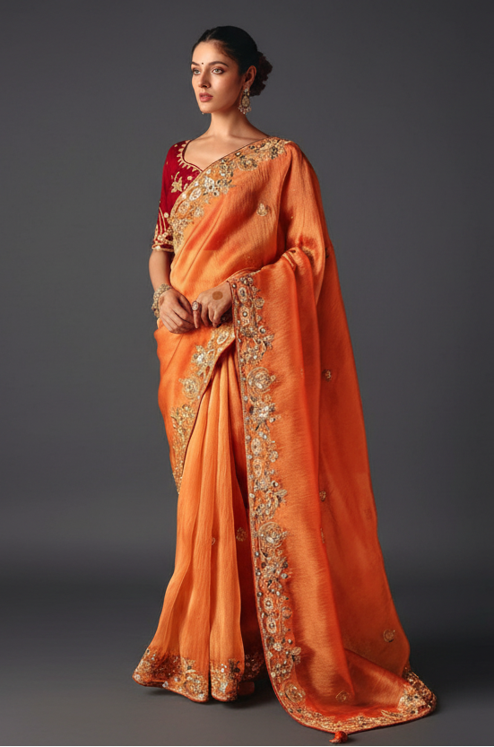 Orange Silk Saree with Mirror and Stone Work