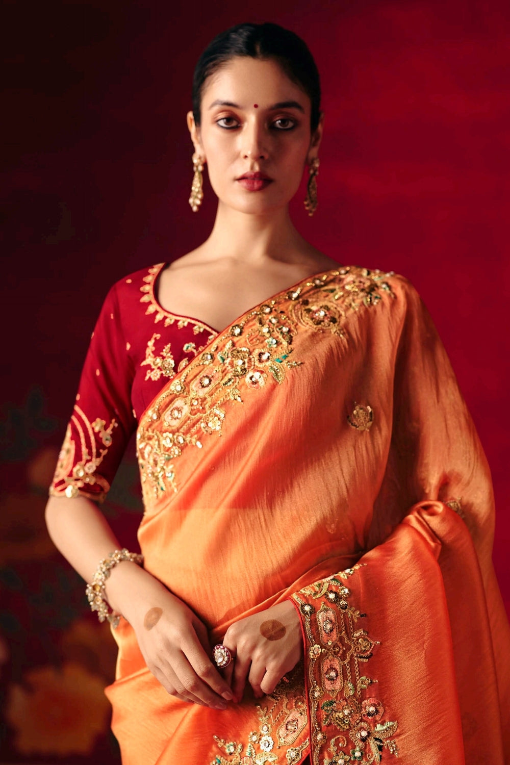 Orange Silk Saree with Mirror and Stone Work