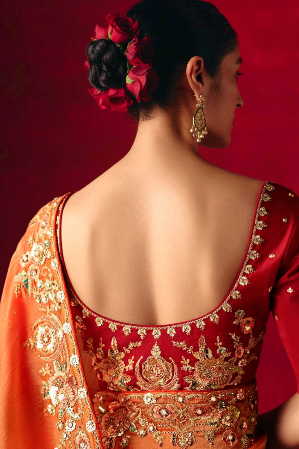 Orange Silk Saree with Mirror and Stone Work