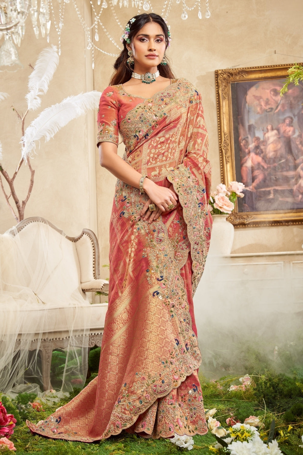 Orange Silk Saree with Resham Embroidery and Sequins Work