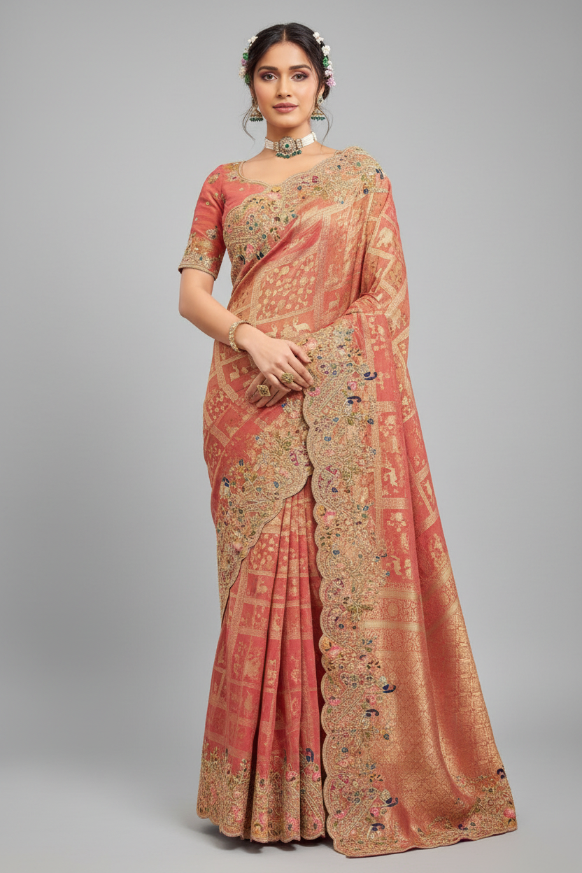 Orange Silk Saree with Resham Embroidery and Sequins Work