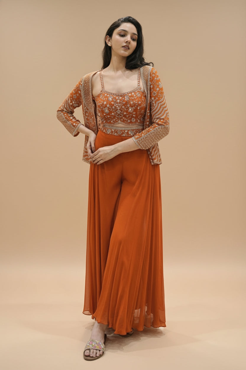 Orange Georgette Indo Western with Aari and Mirror Work