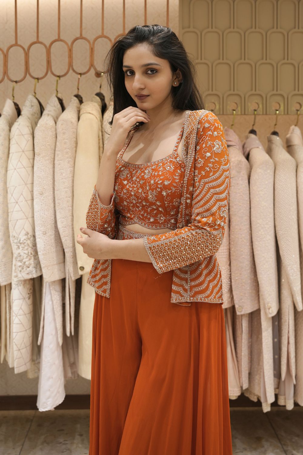 Orange Georgette Indo Western with Aari and Mirror Work