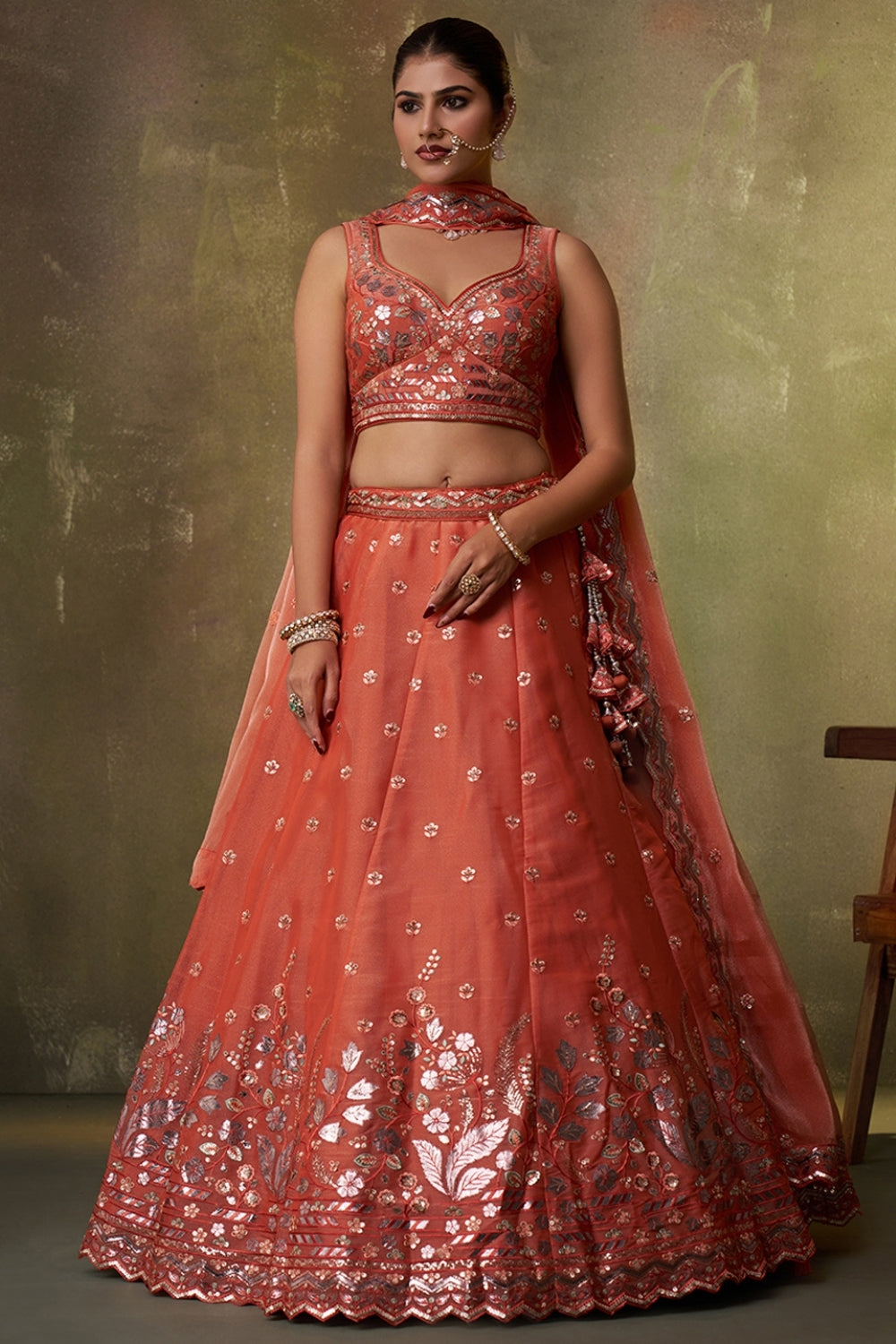Organza Lehenga Set with Embroidery and Sequins Work