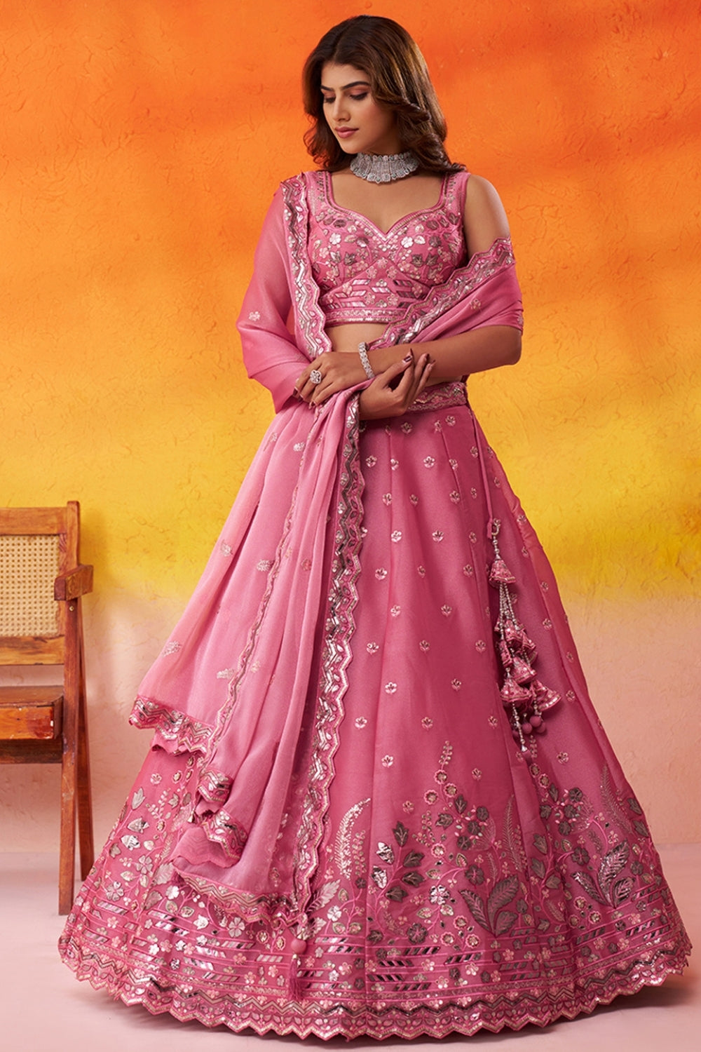 Organza Lehenga Set with Embroidery and Sequins Work
