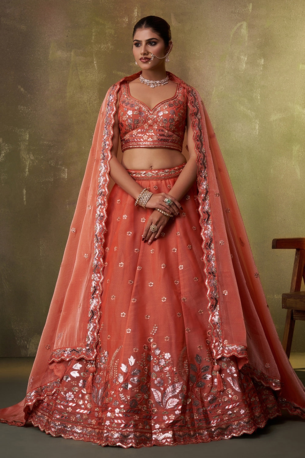 Organza Lehenga Set with Embroidery and Sequins Work