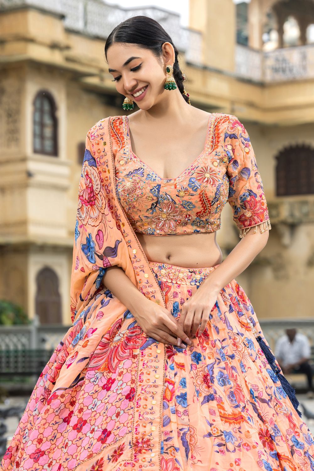 PEACH ORGANZA LEHENGA CHOLI WITH ZARDOSI AND MIRROR WORK