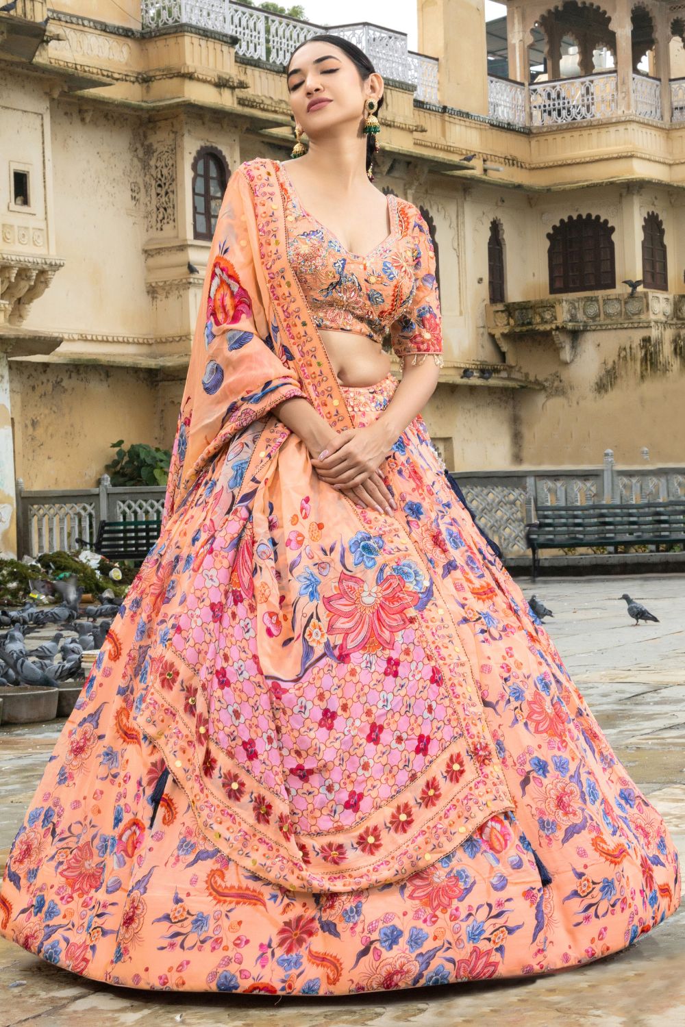 PEACH ORGANZA LEHENGA CHOLI WITH ZARDOSI AND MIRROR WORK
