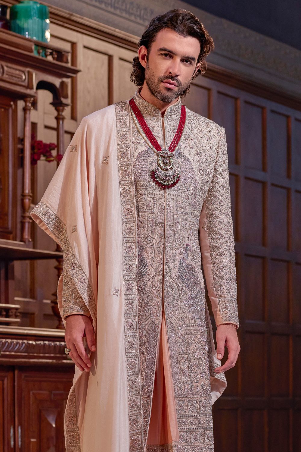 PEACH SILK SHREWANI WITH ZARDOSHI AND MOTI WORK