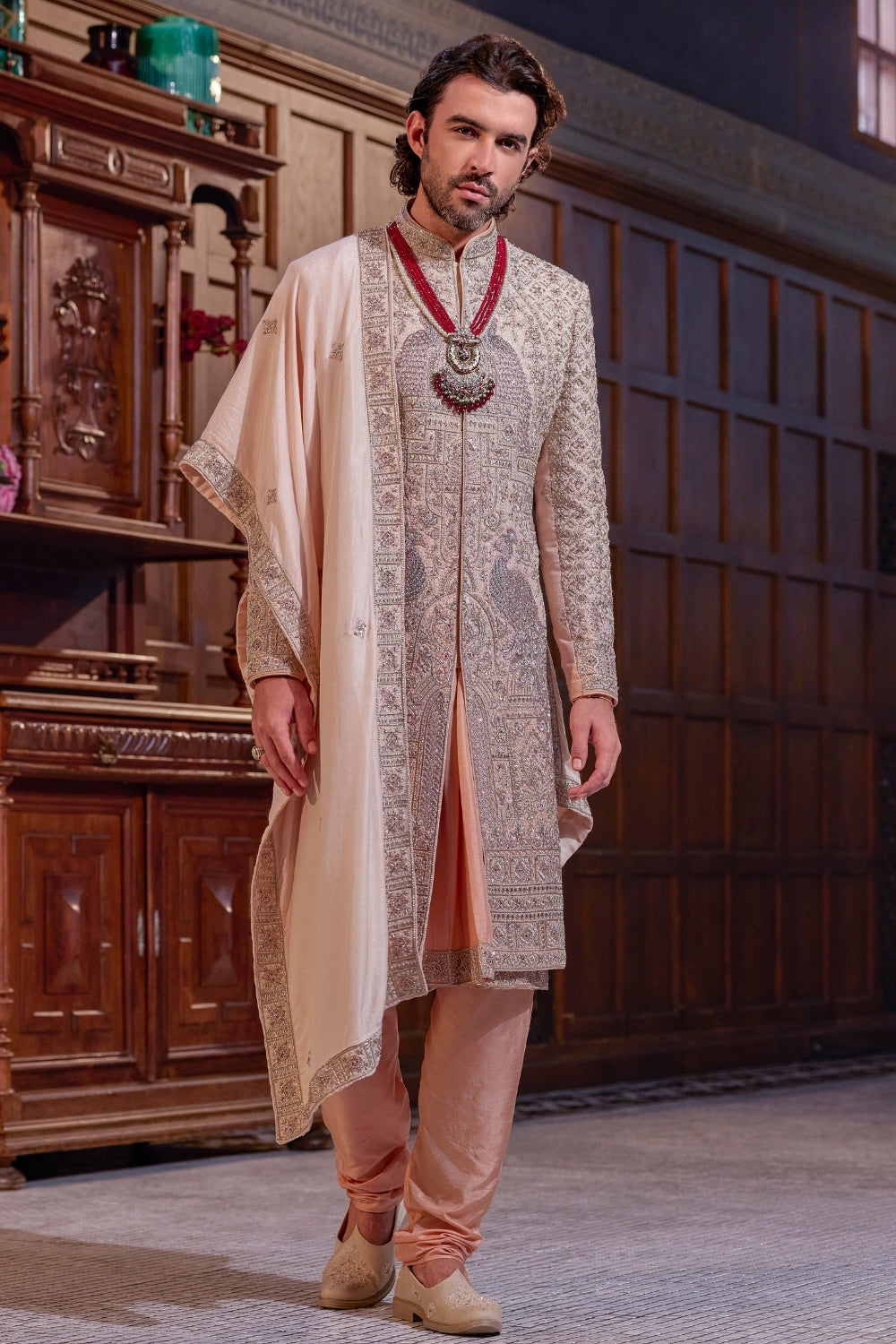 PEACH SILK SHREWANI WITH ZARDOSHI AND MOTI WORK