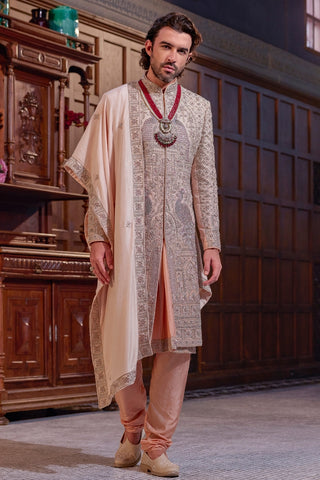 Peach Silk Shrewani With Zardosi And Moti Work