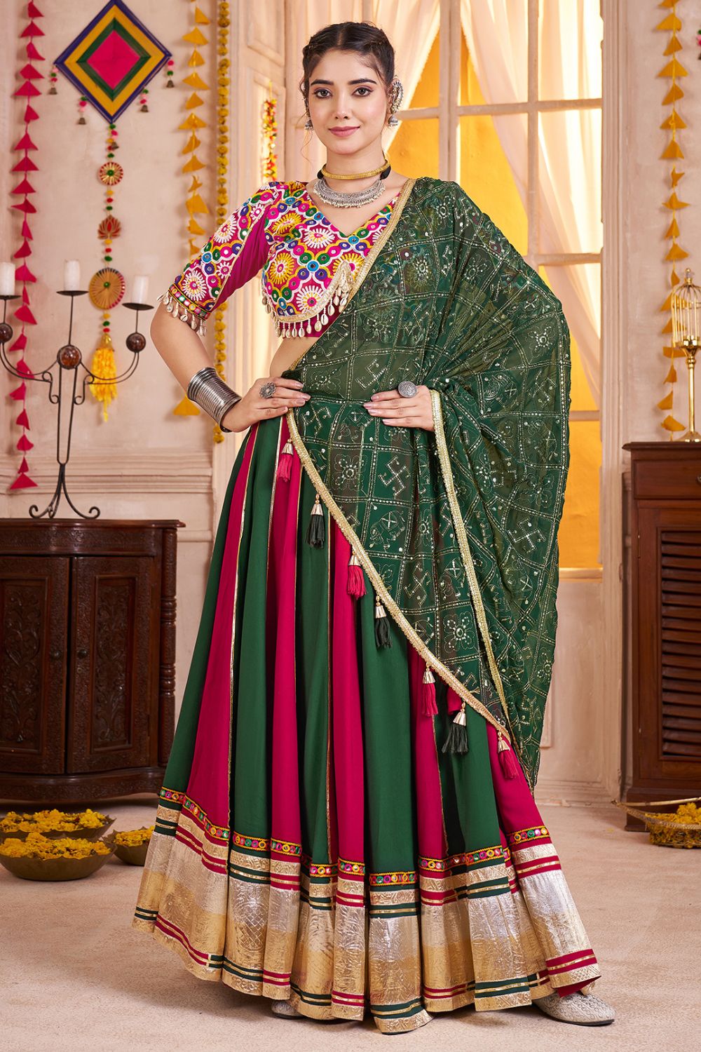 PINK AND GREEN VISCOSE COTTON LEHENGA CHOLI WITH MIRROR WORK AND LAMPI BOARDING