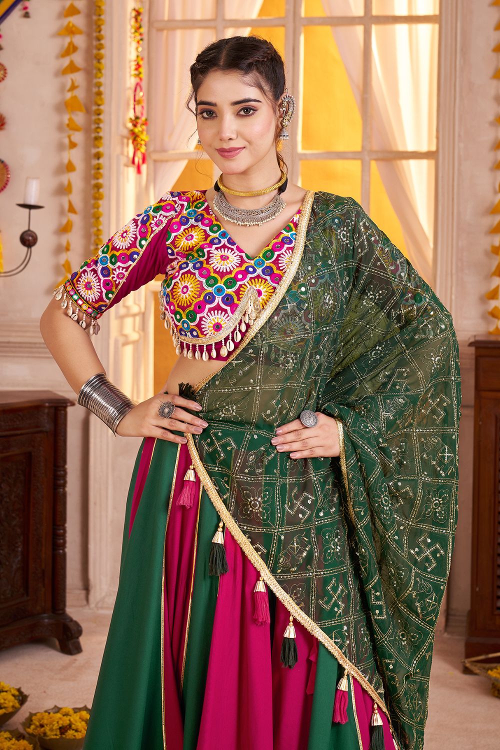 PINK AND GREEN VISCOSE COTTON LEHENGA CHOLI WITH MIRROR WORK AND LAMPI BOARDING