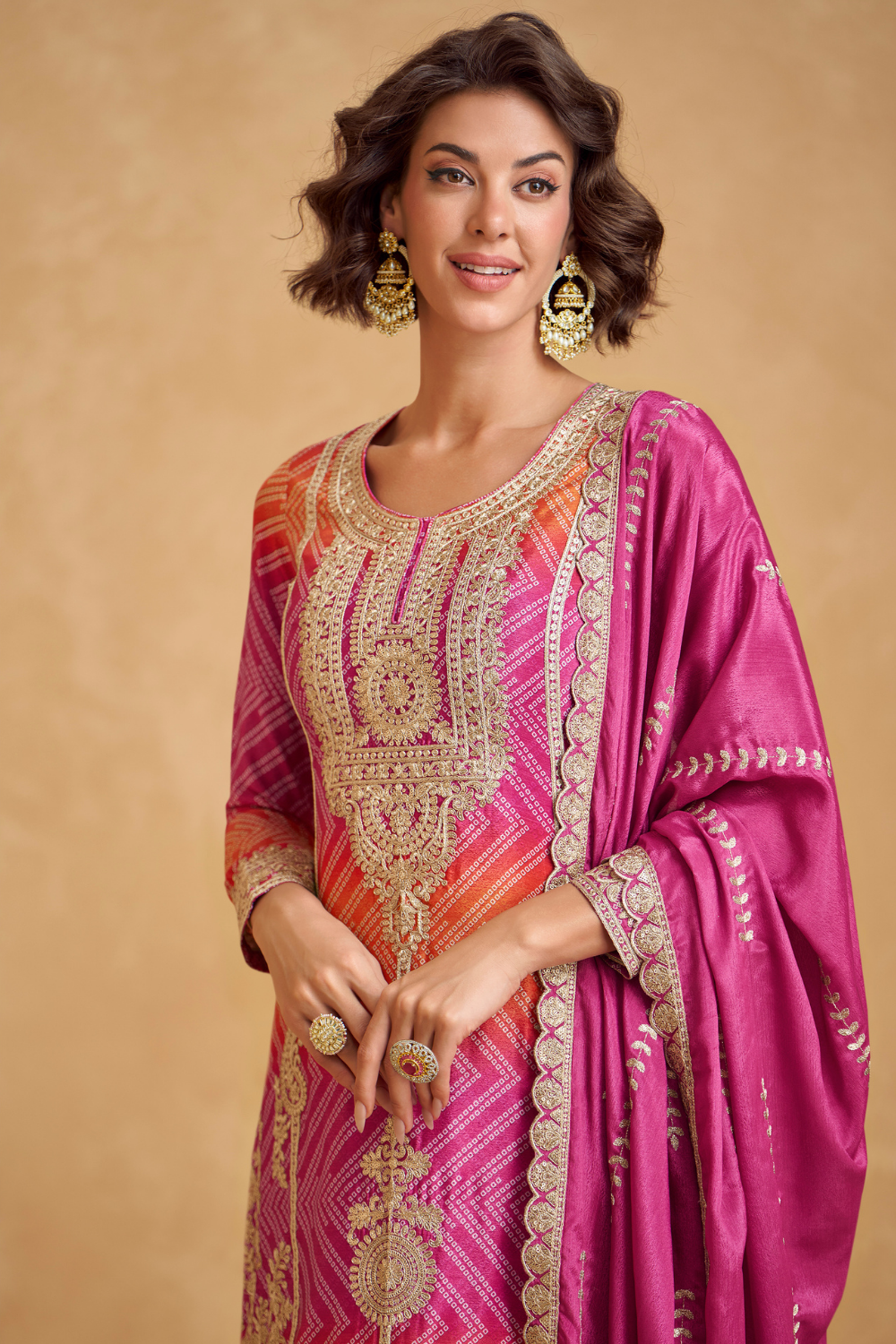 PINK AND ORANGE CHINON PALAZZO SET WITH SEQUINS AND EMBROIDERY