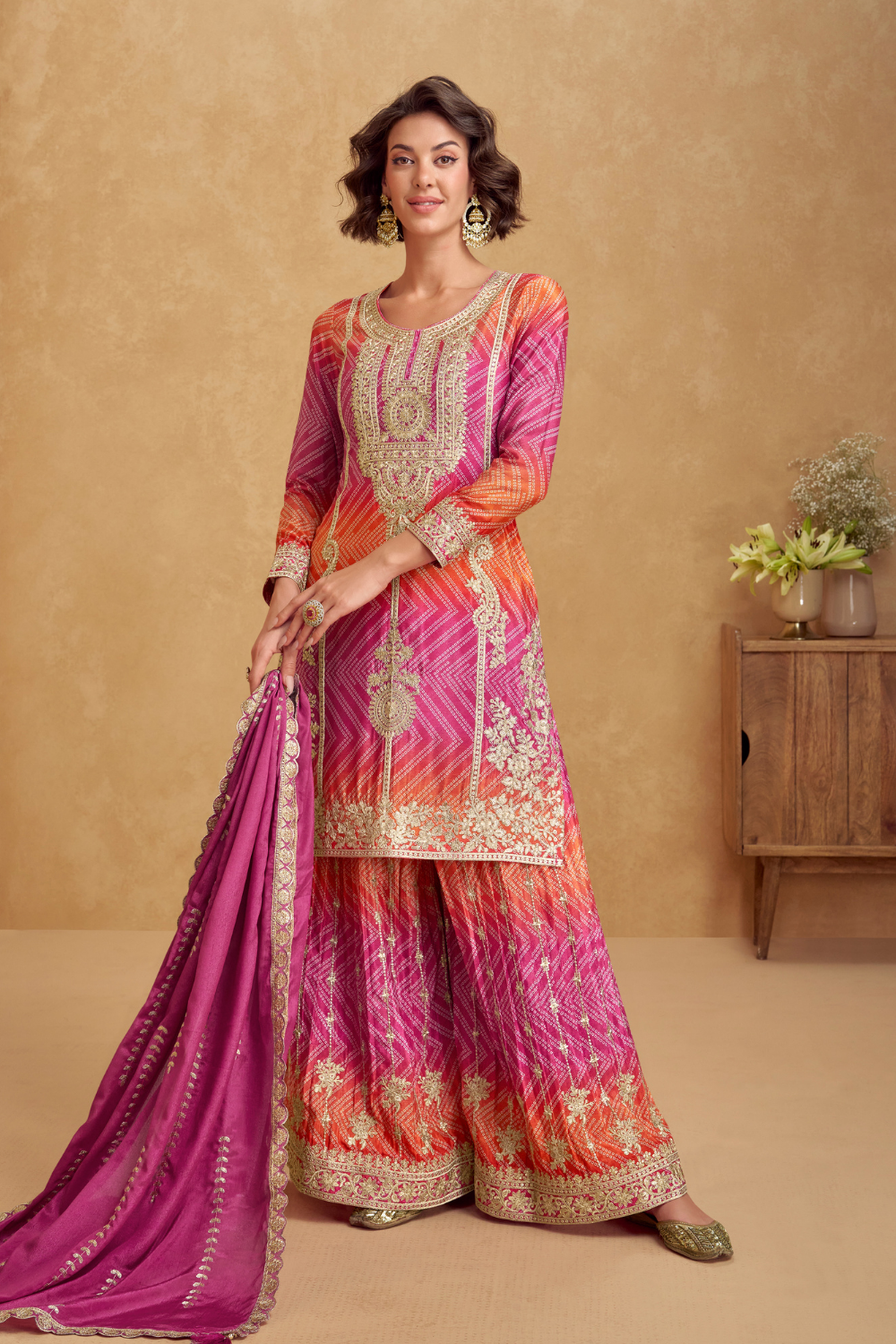 PINK AND ORANGE CHINON PALAZZO SET WITH SEQUINS AND EMBROIDERY