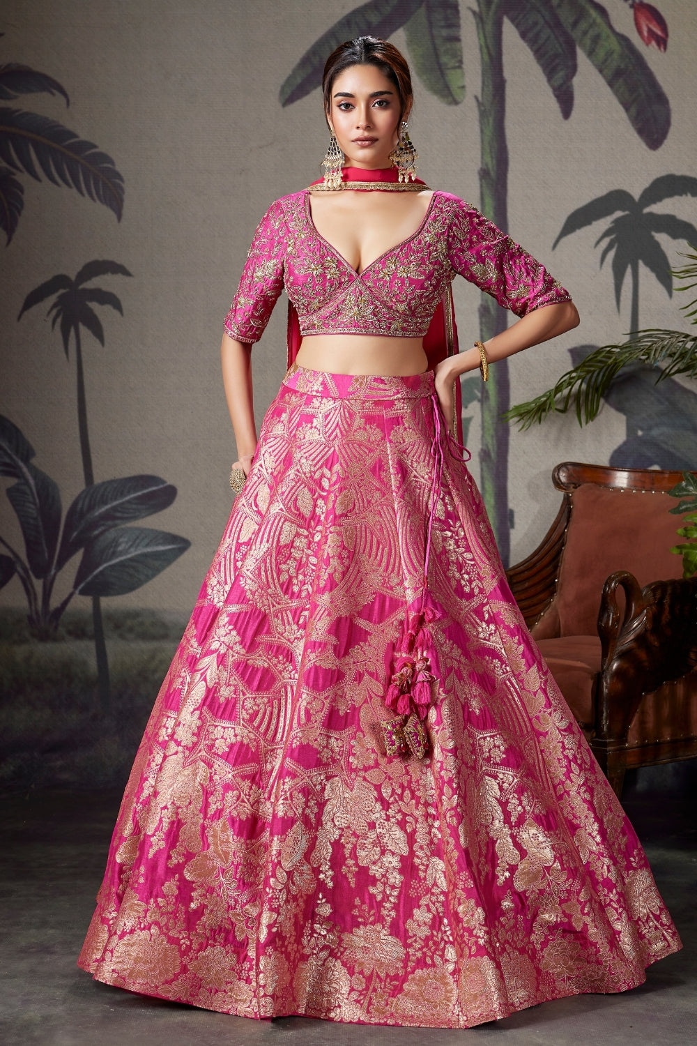 PINK BANARSI SILK LEHENGA WITH CUTDANA AND MOTI WORK