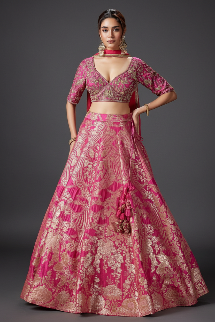 PINK BANARSI SILK LEHENGA WITH CUTDANA AND MOTI WORK