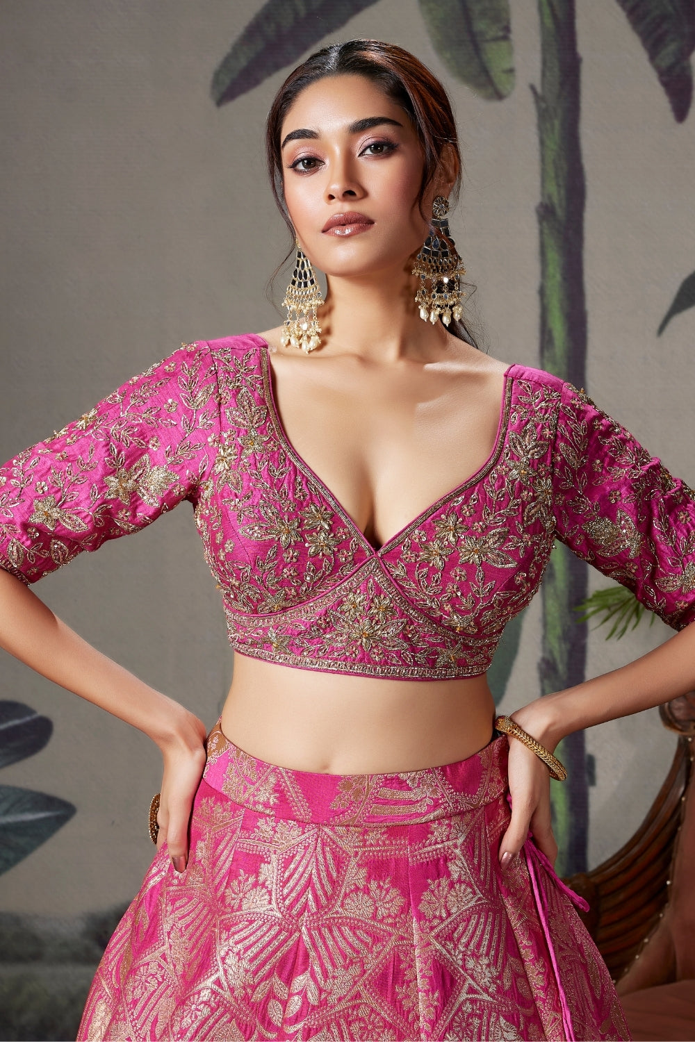 PINK BANARSI SILK LEHENGA WITH CUTDANA AND MOTI WORK