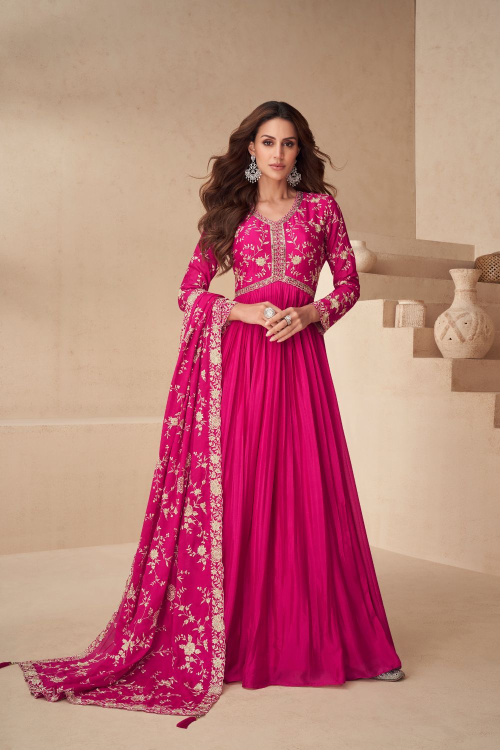 PINK CHINON ANARKALI SUIT WITH EMBROIDERY AND SEQUINS