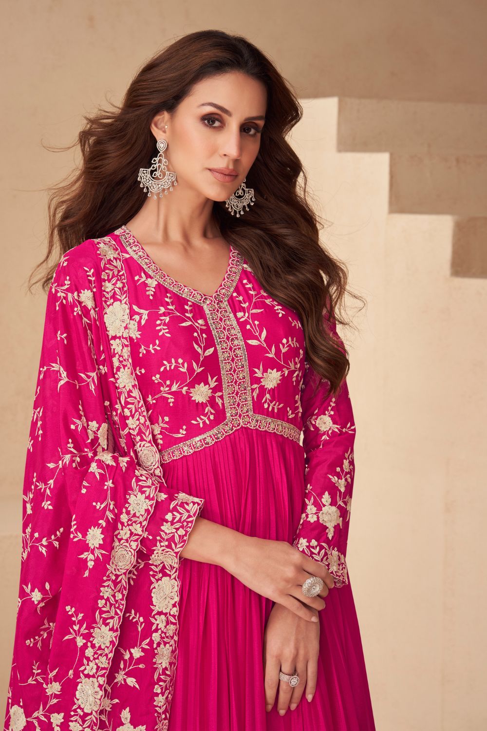 PINK CHINON ANARKALI SUIT WITH EMBROIDERY AND SEQUINS