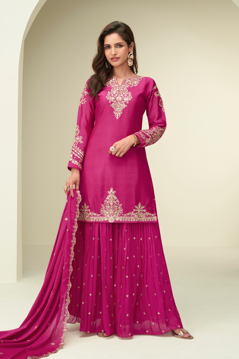 PINK CHINON SILK PALAZZO SUIT WITH SEQUINS AND EMBROIDERY