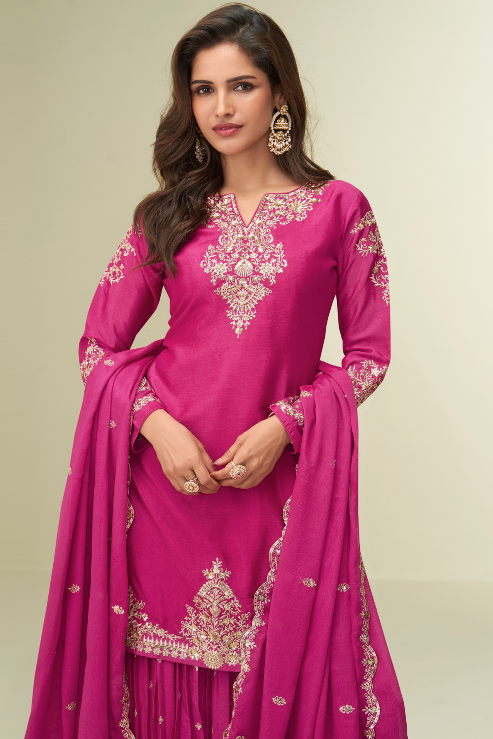 PINK CHINON SILK PALAZZO SUIT WITH SEQUINS AND EMBROIDERY