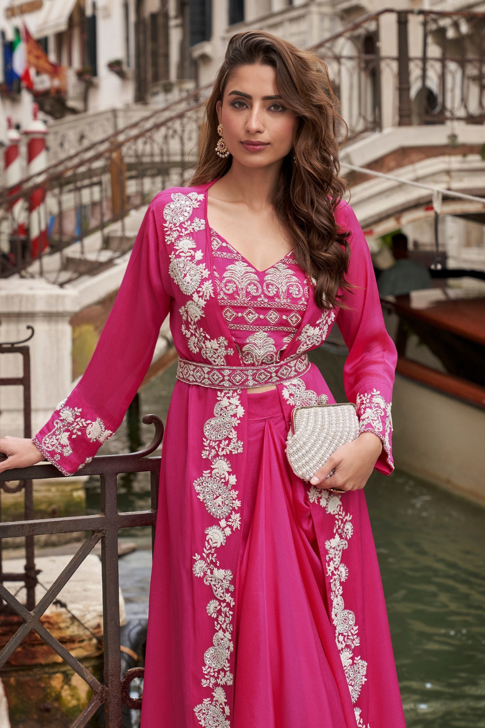 PINK CHINON INDO WESTERN WITH MOTI AND EMBROIDERY