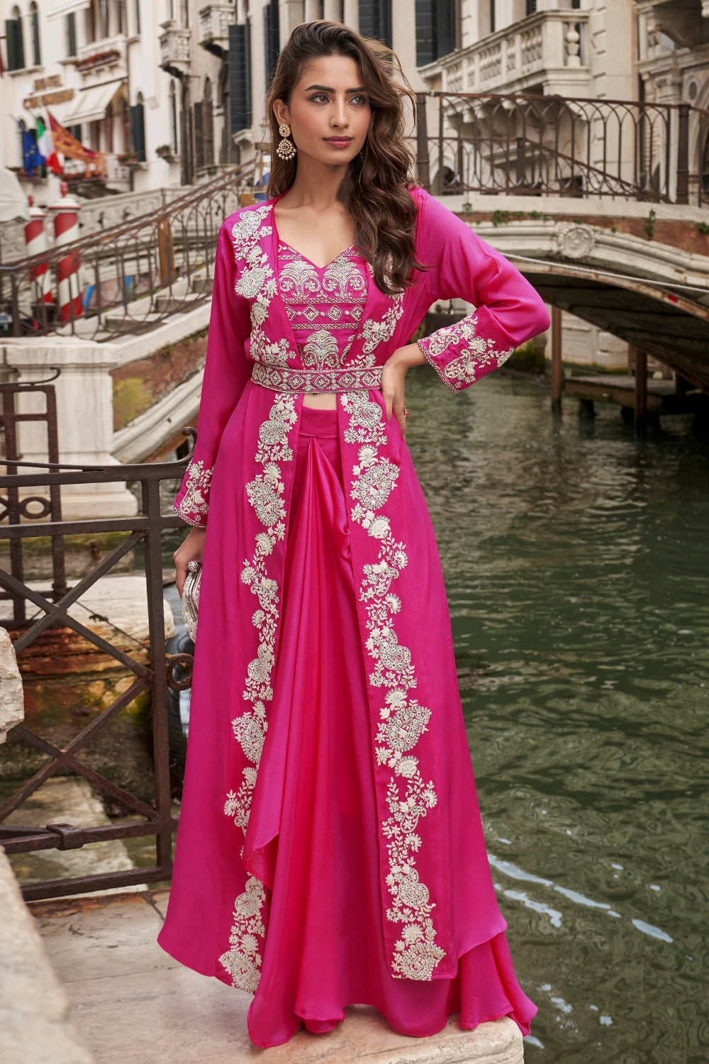 PINK CHINON INDO WESTERN WITH MOTI AND EMBROIDERY