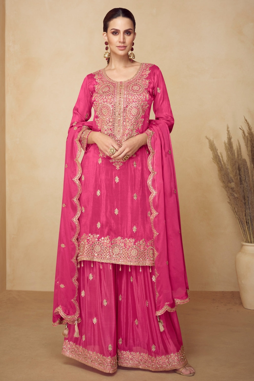 PINK CHINON PALAZZO SUIT WITH RESHAM EMBROIDERY AND SEQUINS