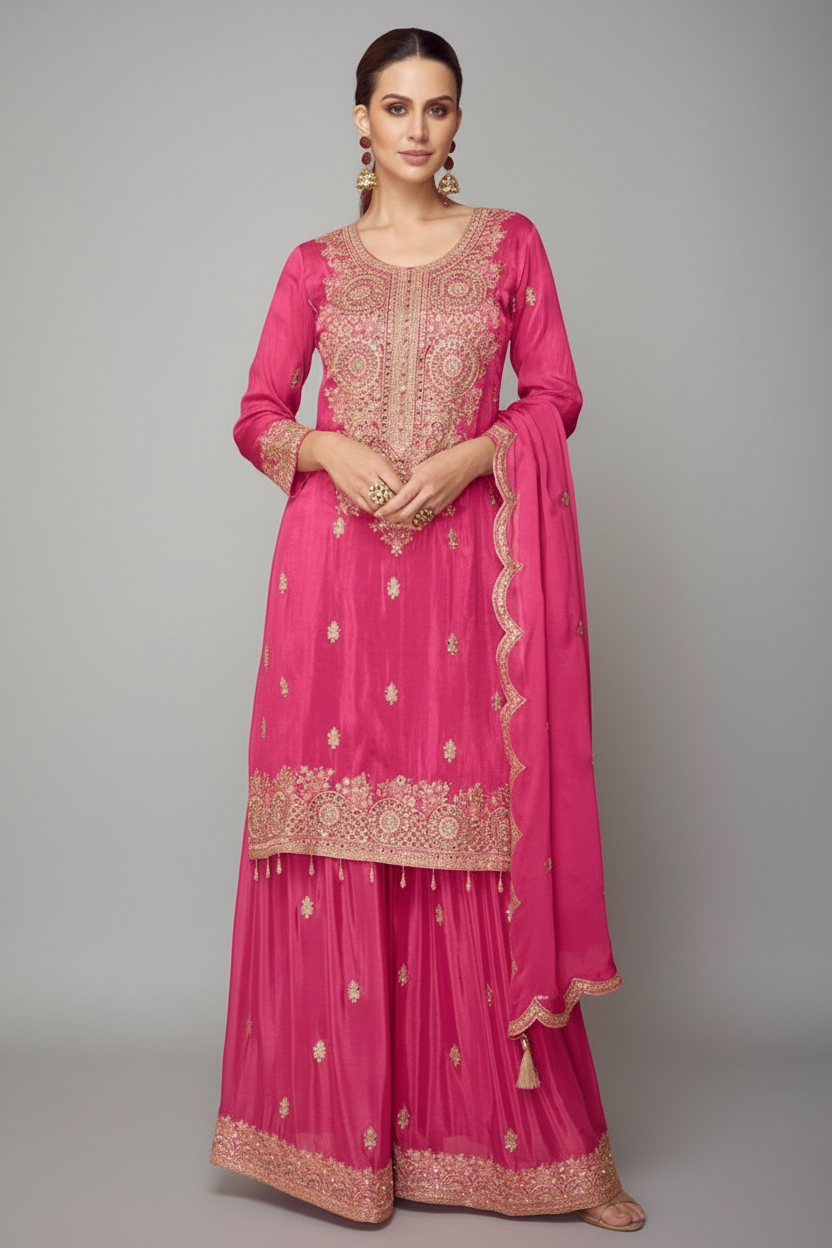 PINK CHINON PALAZZO SUIT WITH RESHAM EMBROIDERY AND SEQUINS
