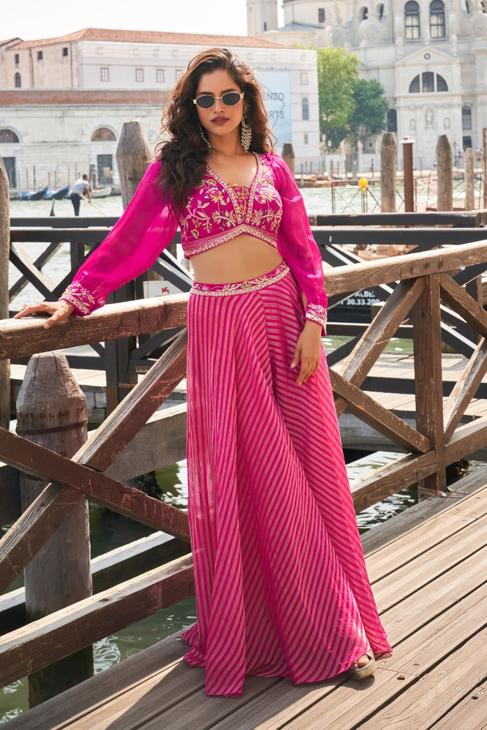 PINK VISCOSE JACQUARD SEQUIN EMBROIDERED WORKED CROP TOP PALAZZO SET