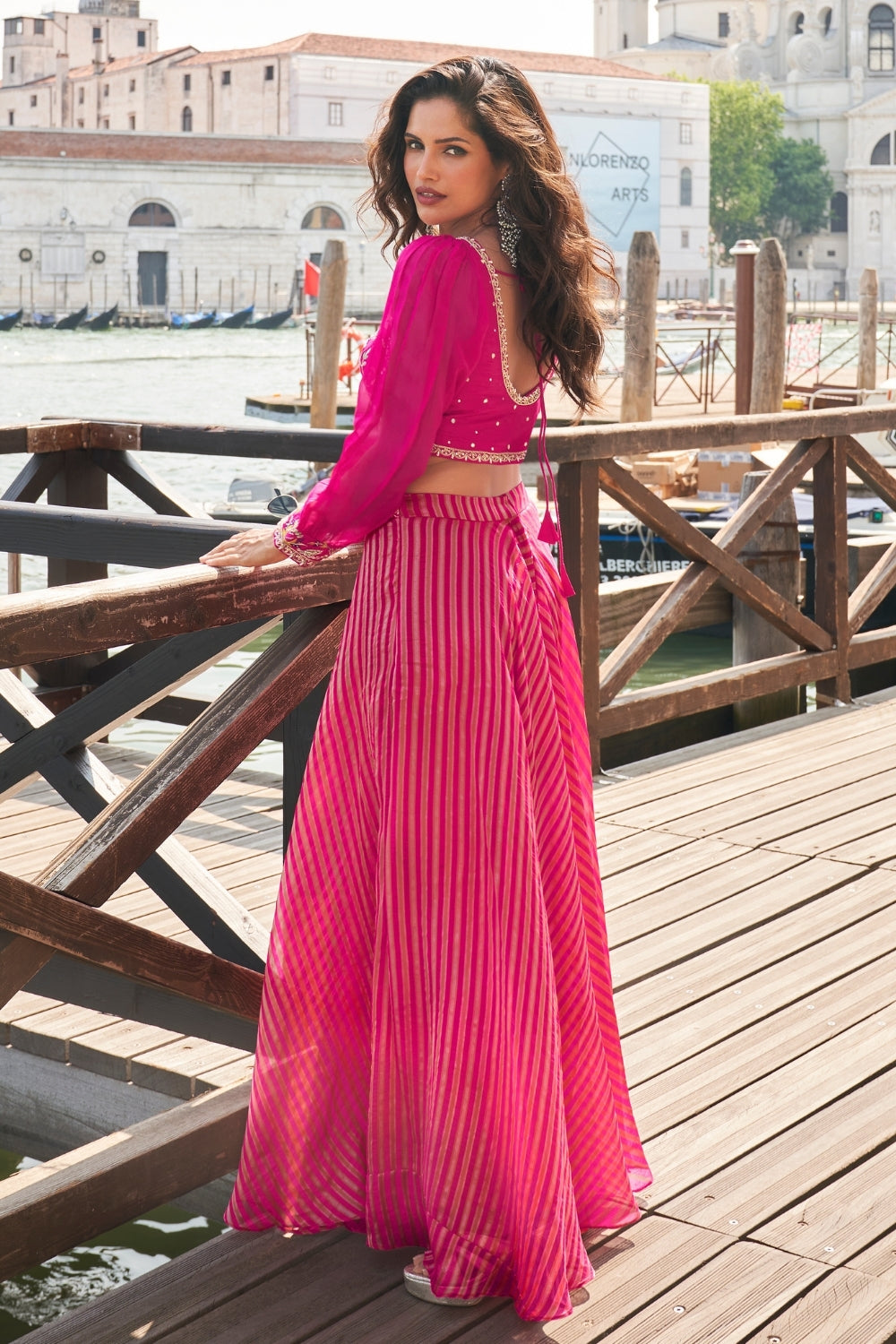 PINK VISCOSE JACQUARD SEQUIN EMBROIDERED WORKED CROP TOP PALAZZO SET