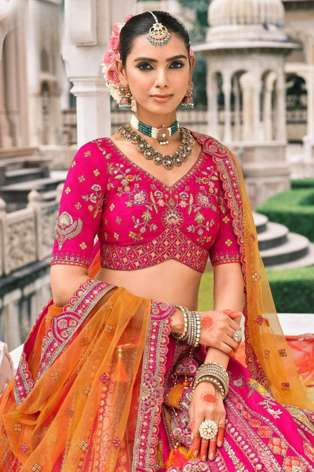 PINK SILK BRIDAL LEHENGA WITH SEQUINS AND RESHAM EMBROIDERY