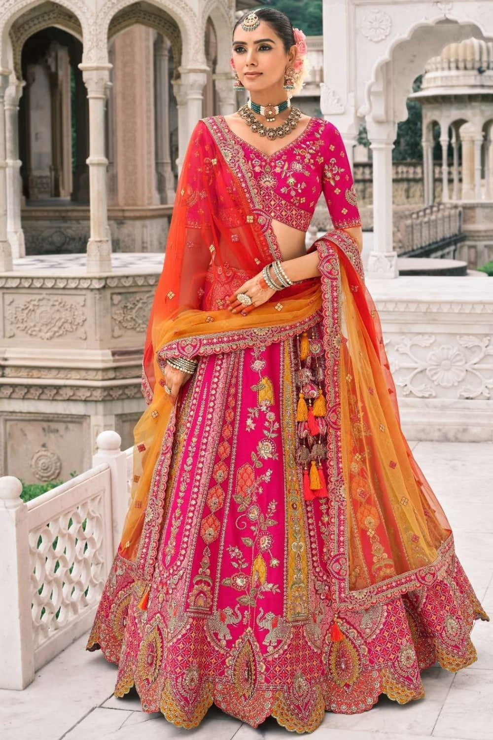 PINK SILK BRIDAL LEHENGA WITH SEQUINS AND RESHAM EMBROIDERY