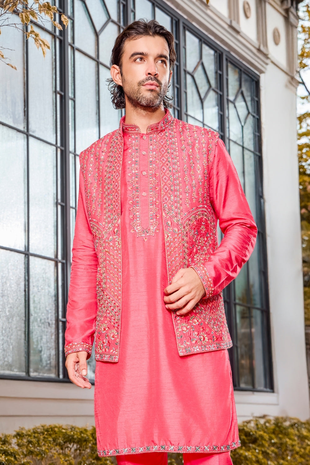 PINK SILK INDO WESTERN WITH RESHAM EMBROIDERY AND MIRROR