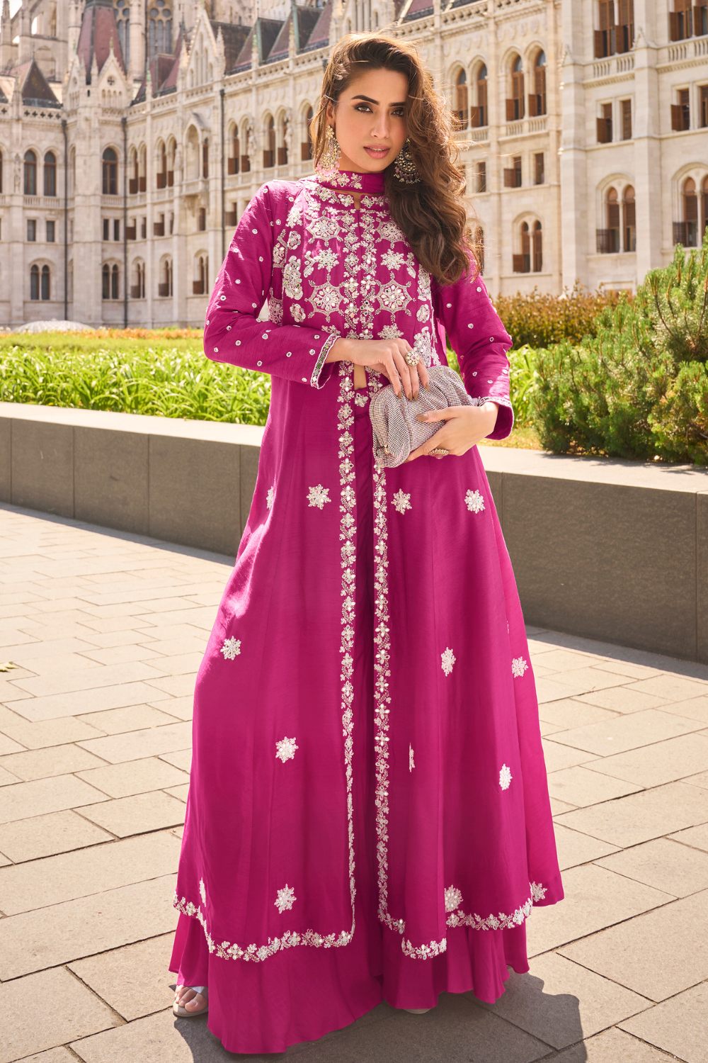Deep Pink Silk Indo-Western with Pearl and Cut Dana Work