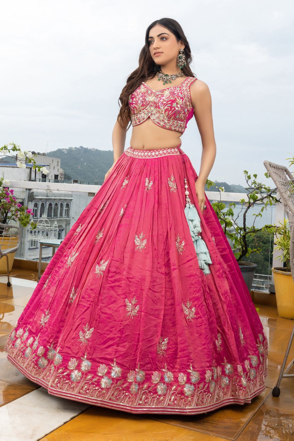 PINK TISSUE LEHENGA CHOLI WITH MIROR AND CUTDANA WORK