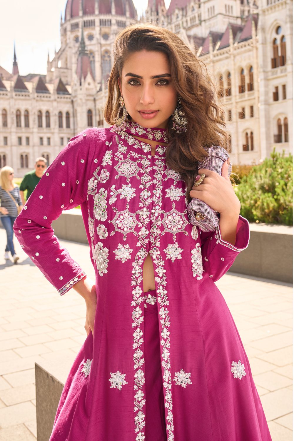 Deep Pink Silk Indo-Western with Pearl and Cut Dana Work